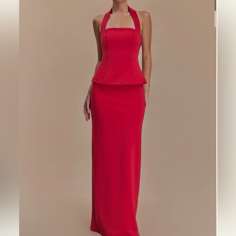 Meshki Red Halter Maxi Dress